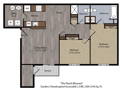 A floor plan of a handicapped accessible home with a living room, two bedrooms, a kitchen, a dining room, two bathrooms, and a terrace.